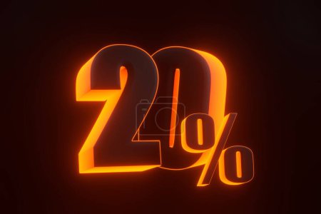 Foto de Signo del veinte por ciento con brillantes luces de neón naranjas futuristas sobre fondo negro. 20% de descuento en venta. Ilustración de representación 3D - Imagen libre de derechos