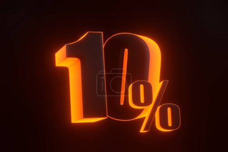 Téléchargez les photos : Signe de dix pour cent avec des lumières lumineuses au néon orange futuriste sur fond noir. 10 % de réduction sur la vente. Illustration de rendu 3D - en image libre de droit