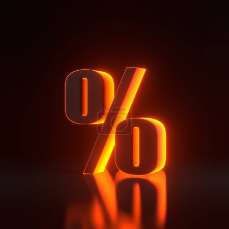 Foto de Signo de porcentaje con brillantes luces de neón naranjas futuristas sobre fondo negro. % de descuento en venta. Ilustración de representación 3D - Imagen libre de derechos