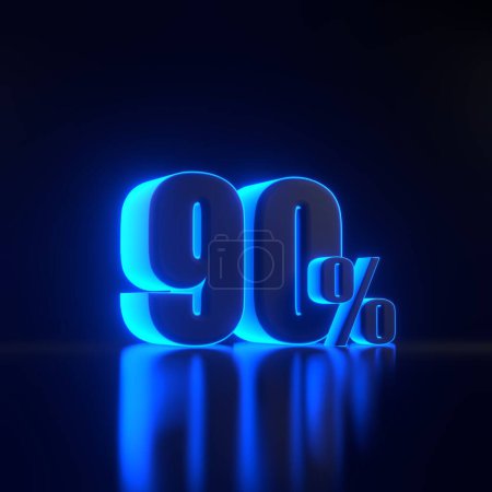 Foto de Signo del noventa por ciento con brillantes luces de neón azul futurista sobre fondo negro. 90% de descuento en venta. Ilustración de representación 3D - Imagen libre de derechos