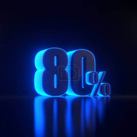 Foto de Signo del ochenta por ciento con brillantes luces de neón azul futurista sobre fondo negro. 80% de descuento en venta. Ilustración de representación 3D - Imagen libre de derechos