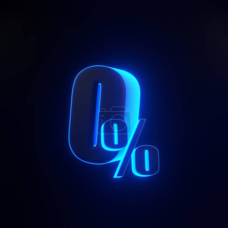 Foto de Signo de cero por ciento con brillantes luces de neón azules futuristas sobre fondo negro. 0% de descuento en venta. Ilustración de representación 3D - Imagen libre de derechos