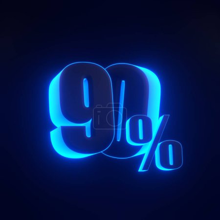 Foto de Signo del noventa por ciento con brillantes luces de neón azul futurista sobre fondo negro. 90% de descuento en venta. Ilustración de representación 3D - Imagen libre de derechos