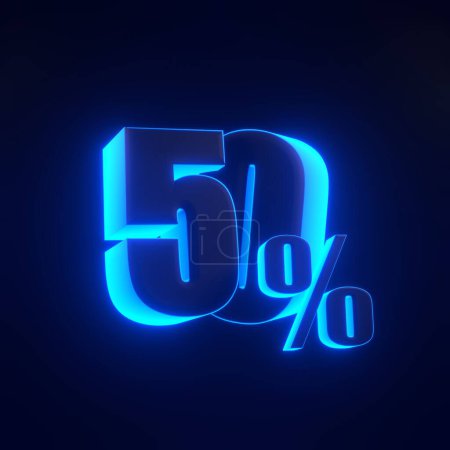 Foto de Cincuenta por ciento signo con brillantes luces de neón azul futurista brillante sobre fondo negro. 50% de descuento en venta. Ilustración de representación 3D - Imagen libre de derechos