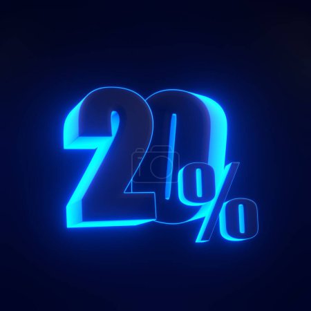 Foto de Signo del veinte por ciento con brillantes luces de neón azules futuristas sobre fondo negro. 20% de descuento en venta. Ilustración de representación 3D - Imagen libre de derechos