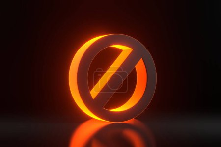 Foto de Signo prohibido con brillantes luces de neón naranjas futuristas sobre fondo negro. Ilustración de representación 3D - Imagen libre de derechos