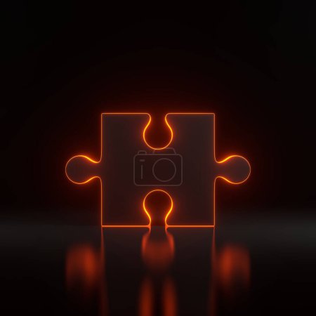 Photo for Single puzzle piece with bright glowing futuristic orange neon lights on black background. 3D render illustration - Royalty Free Image