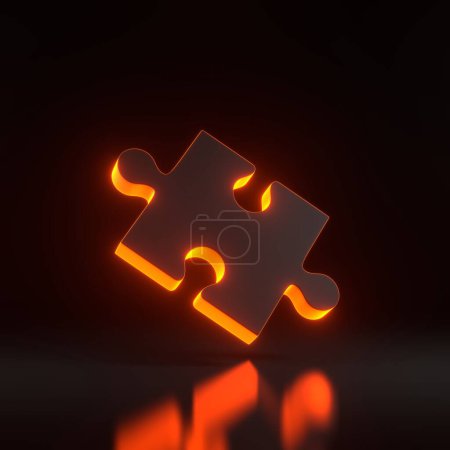 Téléchargez les photos : Pièce de puzzle unique avec des lumières lumineuses au néon orange futuriste sur fond noir. Illustration de rendu 3D - en image libre de droit