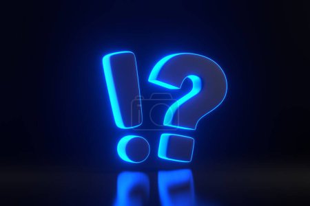 Photo for Exclamation and Question Mark with bright glowing futuristic blue neon lights on black background. Frequently Asked Questions concept. Ask Questions and receive Answers. 3D render illustration - Royalty Free Image