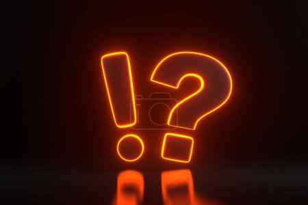 Photo for Exclamation and Question Mark with bright glowing futuristic orange neon lights on black background. Frequently Asked Questions concept. Ask Questions and receive Answers. 3D render illustration - Royalty Free Image