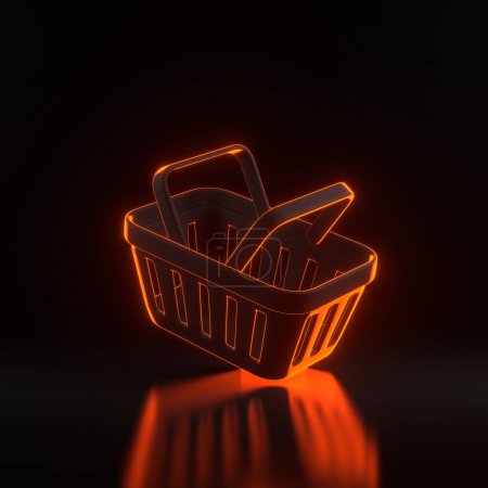 Photo for Flying cartoon shopping basket with bright glowing futuristic orange neon lights on black background. Minimal style empty grocery shopping cart. 3D render illustration - Royalty Free Image
