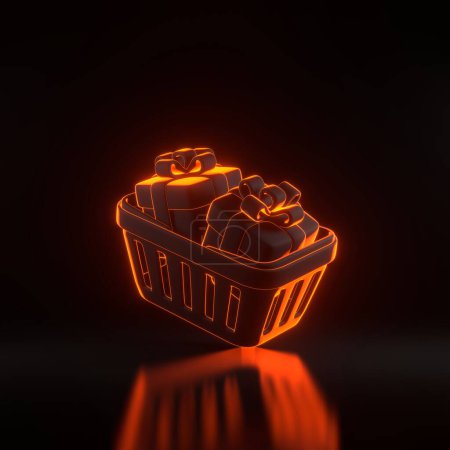 Foto de Cesta de compra de dibujos animados voladores con cajas de regalo con brillantes luces de neón naranjas futuristas sobre fondo negro. Carrito de compras de estilo mínimo. Ilustración de representación 3D - Imagen libre de derechos