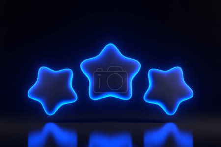 Téléchargez les photos : Trois étoiles planent avec des néons bleu futuriste lumineux sur fond noir. Revue de notation. Classement premium. Commentaires des clients. Illustration de rendu 3D - en image libre de droit