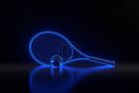 Photo for Tennis Racket and Tennis Ball with bright glowing futuristic blue neon lights on black background. 3D render illustration - Royalty Free Image