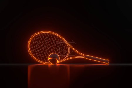 Téléchargez les photos : Raquette de tennis et balle de tennis avec des lumières lumineuses au néon orange futuriste sur fond noir. Illustration de rendu 3D - en image libre de droit