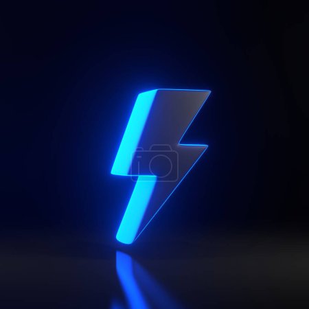 Photo for Lightning bolt icon with bright glowing futuristic blue neon lights on black background. Flash icon. Charge flash icon. Thunder bolt. Lighting strike. 3D render illustration - Royalty Free Image