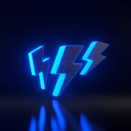 Photo for Lightning bolt icon with bright glowing futuristic blue neon lights on black background. Flash icon. Charge flash icon. Thunder bolt. Lighting strike. 3D render illustration - Royalty Free Image