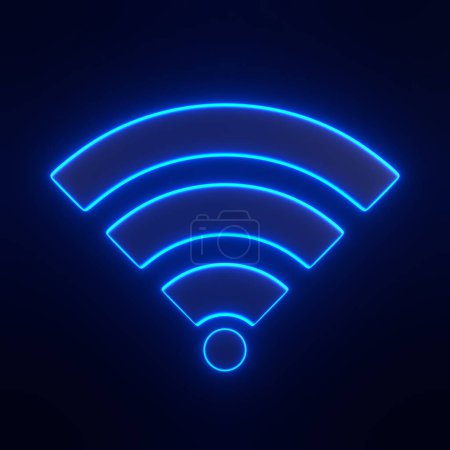 Téléchargez les photos : Symbole de réseau sans fil avec des néons bleu futuriste lumineux sur fond noir. Concept de design d'icône Wi-Fi. Panneau Wifi. Illustration de rendu 3D - en image libre de droit