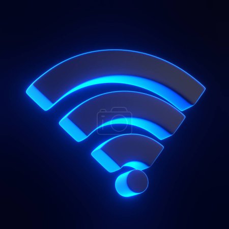 Foto de Símbolo de red inalámbrica con brillantes luces de neón azules futuristas sobre fondo negro. Concepto de diseño de iconos Wi-Fi. Signo Wifi. Ilustración de representación 3D - Imagen libre de derechos