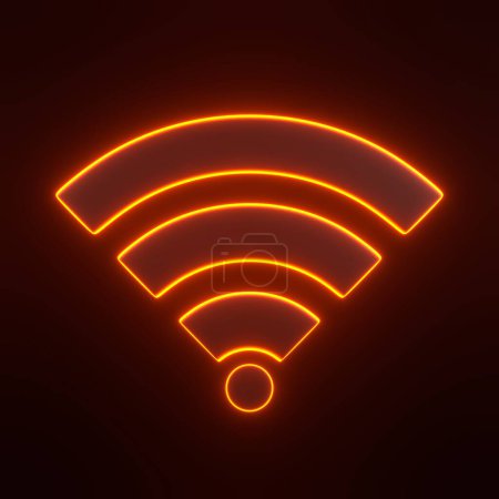 Téléchargez les photos : Symbole de réseau sans fil avec des lumières lumineuses au néon orange futuriste sur fond noir. Concept de design d'icône Wi-Fi. Panneau Wifi. Illustration de rendu 3D - en image libre de droit