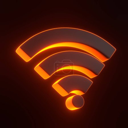 Téléchargez les photos : Symbole de réseau sans fil avec des lumières lumineuses au néon orange futuriste sur fond noir. Concept de design d'icône Wi-Fi. Panneau Wifi. Illustration de rendu 3D - en image libre de droit
