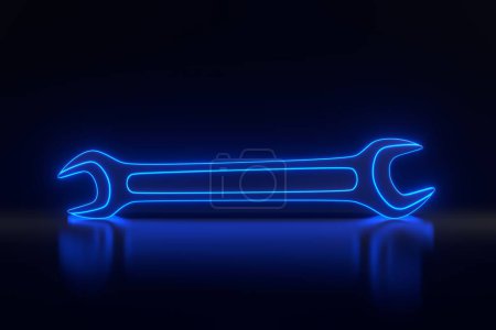 Téléchargez les photos : Clé à molette avec des néons bleu futuriste lumineux sur fond noir. Illustration de rendu 3D - en image libre de droit