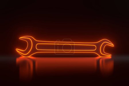 Photo for Wrench with bright glowing futuristic orange neon lights on black background. 3D render illustration - Royalty Free Image