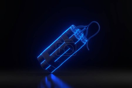 Foto de Paquete de palos de dinamita, TNT con mecha con brillantes luces de neón azul futurista sobre fondo negro. Suministros explosivos. Ilustración de representación 3D - Imagen libre de derechos