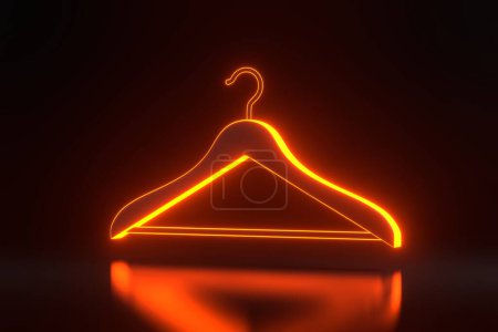 Photo for Clothes hanger with bright glowing futuristic orange neon lights on black background. 3D render illustration - Royalty Free Image