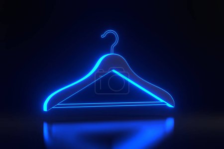 Photo for Clothes hanger with bright glowing futuristic blue neon lights on black background. 3D render illustration - Royalty Free Image