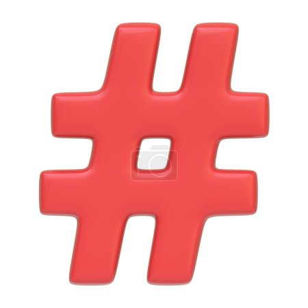 Téléchargez les photos : Symbole de hashtag rouge isolé sur fond blanc. Icône, signe et symbole 3D. Dessin animé style minimal. Vue de face. Illustration 3D Render - en image libre de droit