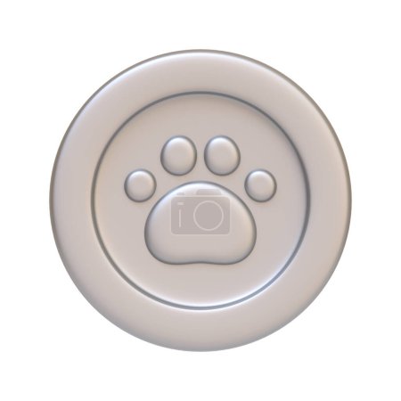 Téléchargez les photos : Pièce en argent avec patte de chat ou de chien isolée sur fond blanc. Icône, signe et symbole 3D. Dessin animé style minimal. Vue de face. Illustration 3D Render - en image libre de droit
