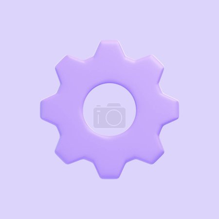 Téléchargez les photos : Icône d'engrenage violet isolé sur fond violet. Icône, signe et symbole 3D. Dessin animé style minimal. Vue de face. Illustration 3D Render - en image libre de droit