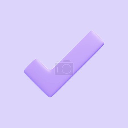 Photo for Purple check mark isolated on purple background. 3D icon, sign and symbol. Cartoon minimal style. Front view. 3D Render Illustration - Royalty Free Image