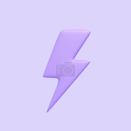 Téléchargez les photos : Icône de foudre violet isolé sur fond violet. Icône, signe et symbole 3D. Dessin animé style minimal. Vue de face. Illustration 3D Render - en image libre de droit