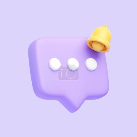 Photo for Purple speech bubble with bell icon isolated on purple background. 3D icon, sign and symbol. Cartoon minimal style. 3D Render Illustration - Royalty Free Image