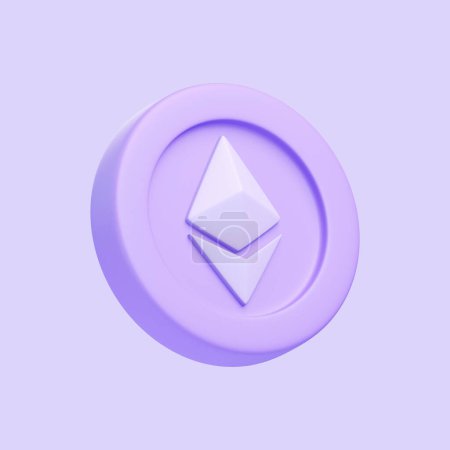 Photo for Purple ethereum token isolated on purple background. 3D icon, sign and symbol. Cartoon minimal style. 3D Render Illustration - Royalty Free Image