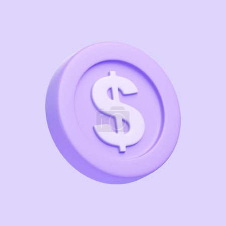 Téléchargez les photos : Pièce pourpre avec signe dollar isolé sur fond violet. Icône, signe et symbole 3D. Dessin animé style minimal. Illustration 3D Render - en image libre de droit