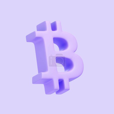Téléchargez les photos : Signe Bitcoin violet isolé sur fond violet. Icône, signe et symbole 3D. Dessin animé style minimal. Illustration 3D Render - en image libre de droit
