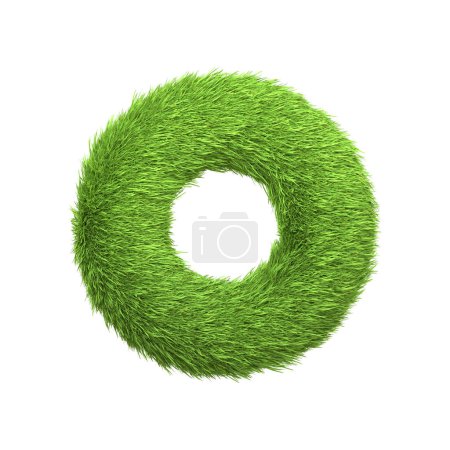 Großbuchstabe O aus sattgrünem Gras geformt, isoliert auf weißem Hintergrund. Frontansicht. 3D-Darstellung