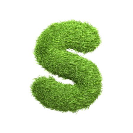 Capital letter S shaped from lush green grass, isolated on a white background. Front view. 3D render illustration