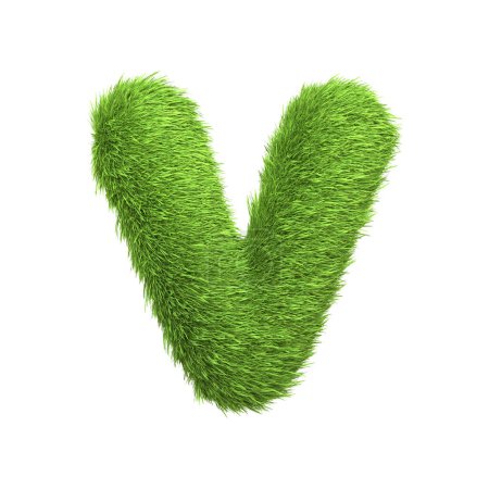 Capital letter V shaped from lush green grass, isolated on a white background. Front view. 3D render illustration