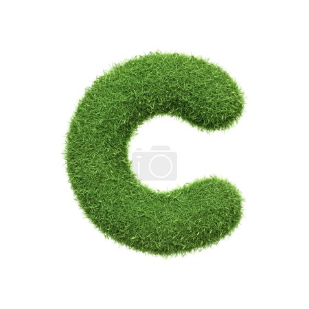 Lettre majuscule C en forme d'herbe verte luxuriante, isolée sur un fond blanc. Vue de face. Illustration de rendu 3D