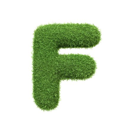 Capital letter F shaped from lush green grass, isolated on a white background. Front view. 3D render illustration