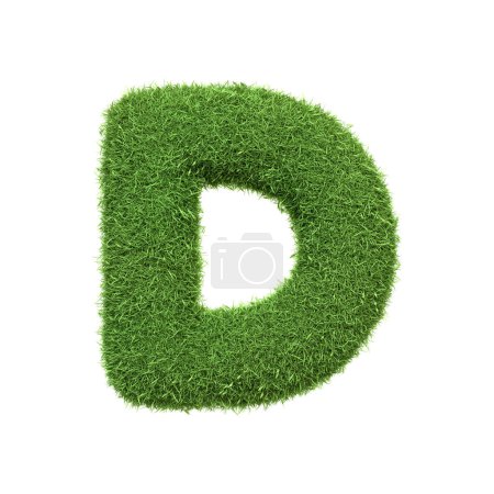 Capital letter D shaped from lush green grass, isolated on a white background. Front view. 3D render illustration