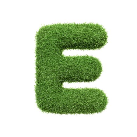 Capital letter E shaped from lush green grass, isolated on a white background. Front view. 3D render illustration