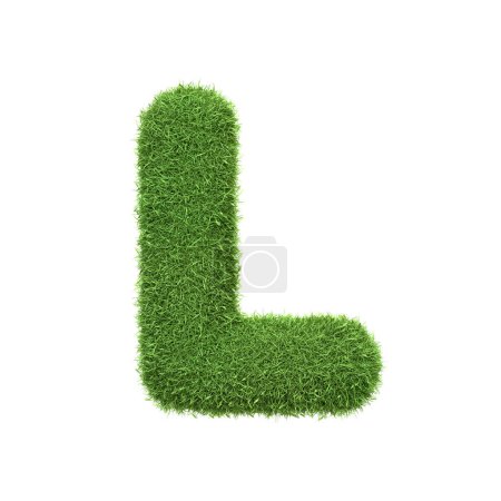Capital letter L shaped from lush green grass, isolated on a white background. Front view. 3D render illustration