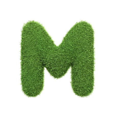 Téléchargez les photos : Lettre majuscule M en forme d'herbe verte luxuriante, isolée sur un fond blanc. Vue de face. Illustration de rendu 3D - en image libre de droit