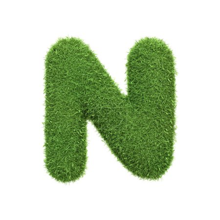 Capital letter N shaped from lush green grass, isolated on a white background. Front view. 3D render illustration