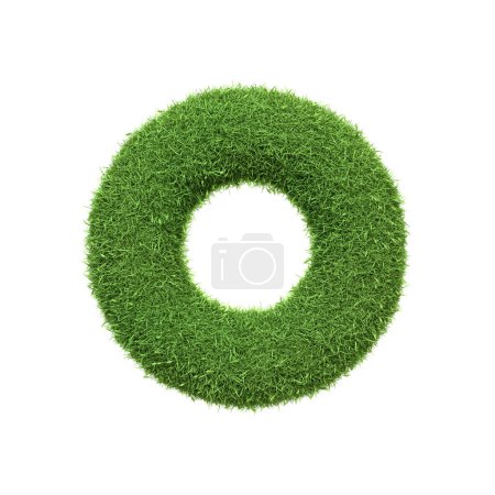 Großbuchstabe O aus sattgrünem Gras geformt, isoliert auf weißem Hintergrund. Frontansicht. 3D-Darstellung